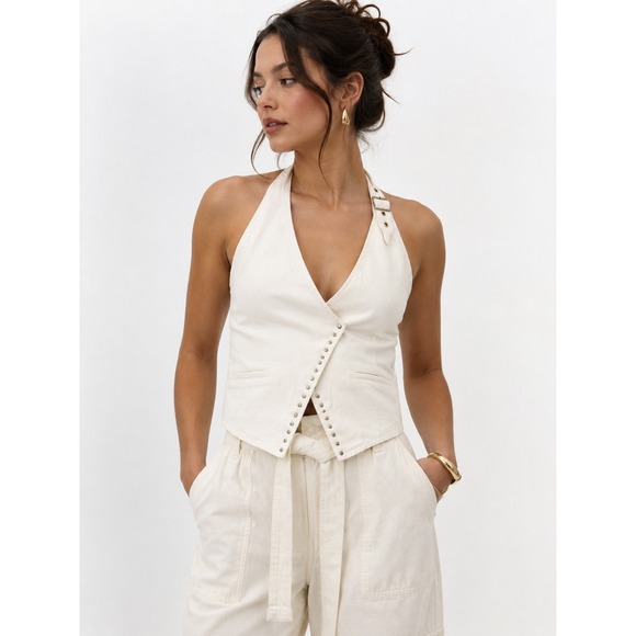 Active USA Jackets & Blazers - NWT Active USA Cream Denim Halter Vest Snap Front Crop Size L Western Chic